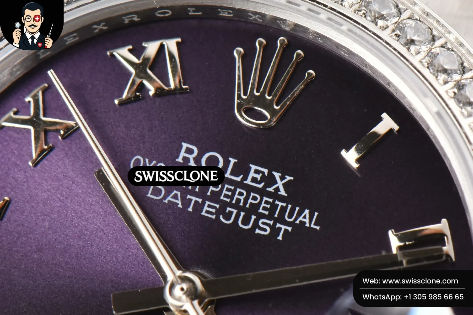 Rolex DateJust 31mm Ladies 904L WF Diamond Purple Dial Diamond Roma Marker Oyster (SW-26754) 1:1 Super Clone - Clasp & Bracelet Brushed Finishing