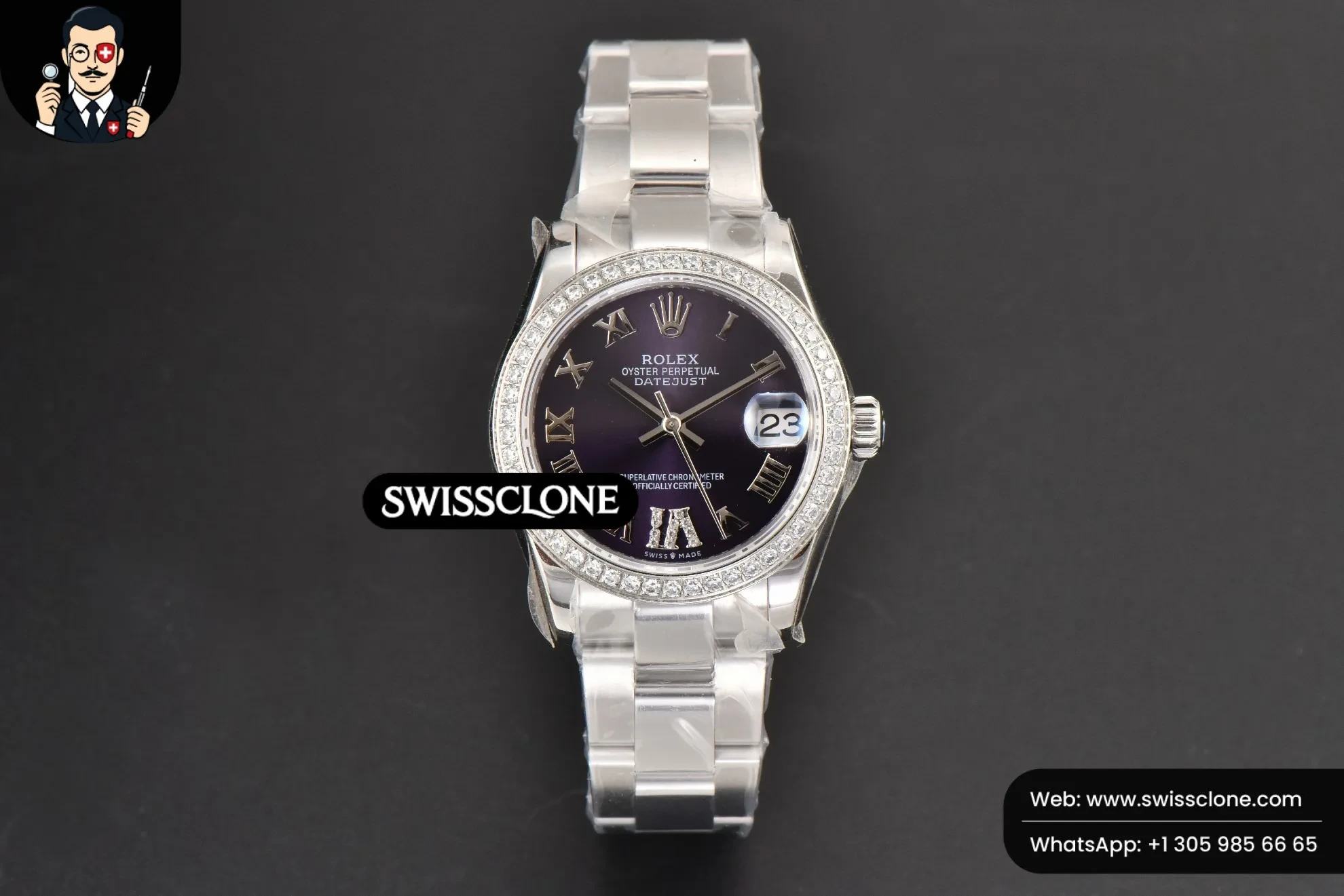 Rolex DateJust 31mm Ladies 904L WF Diamond Purple Dial Diamond Roma Marker Oyster (SW-26754) 1:1 Super Clone - Dial Macro & Hands Close-Up