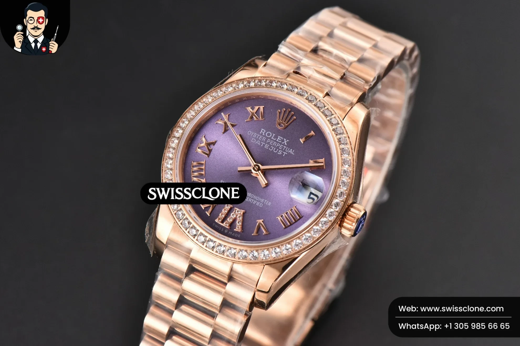 Rolex DateJust 31mm Ladies 904L WF Diamond Purple Dial Diamond Roma Marker Oyster 1:1 Super Clone - Bezel & Case Profile