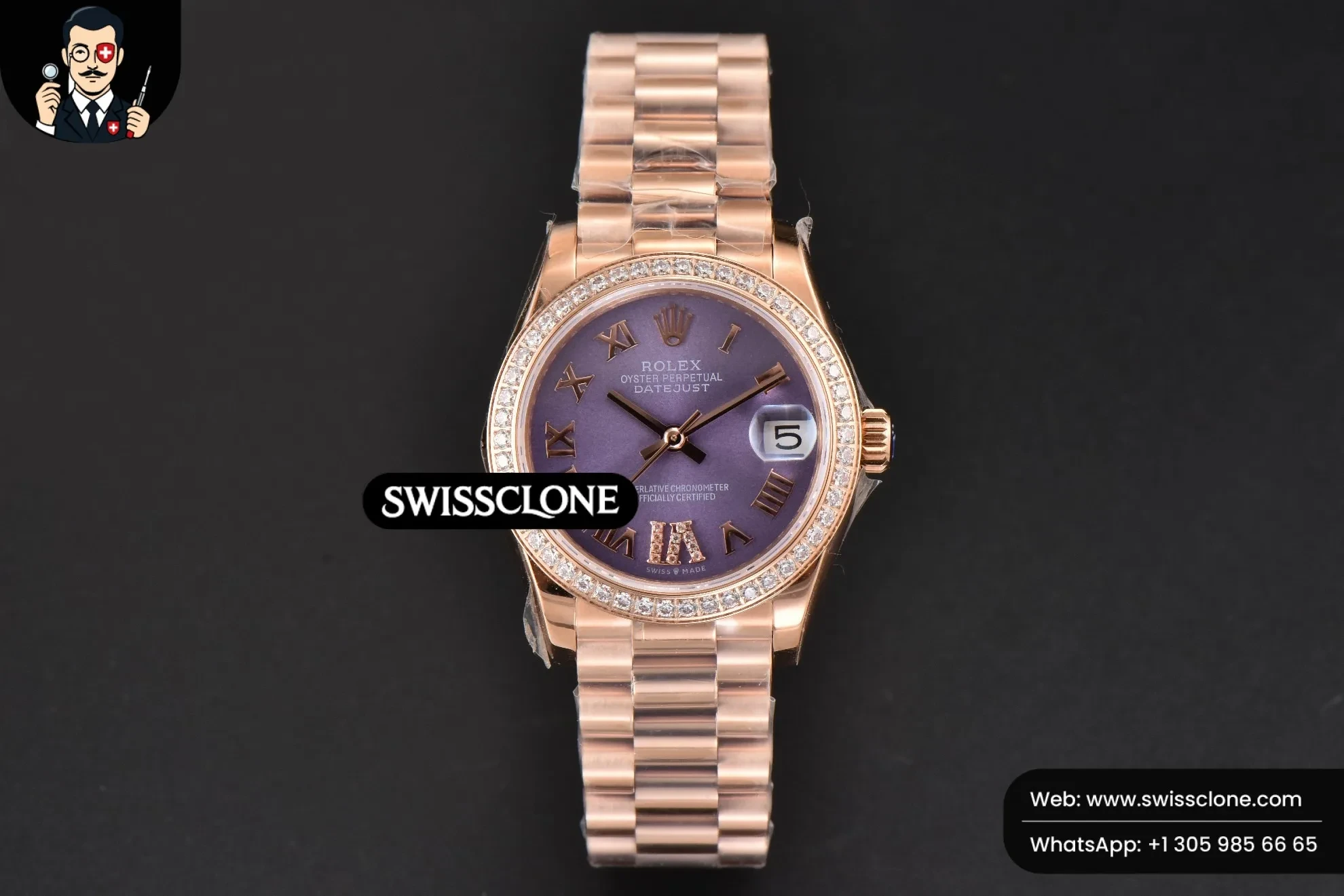 Rolex DateJust 31mm Ladies 904L WF Diamond Purple Dial Diamond Roma Marker Oyster 1:1 Super Clone - Dial Macro Close-Up