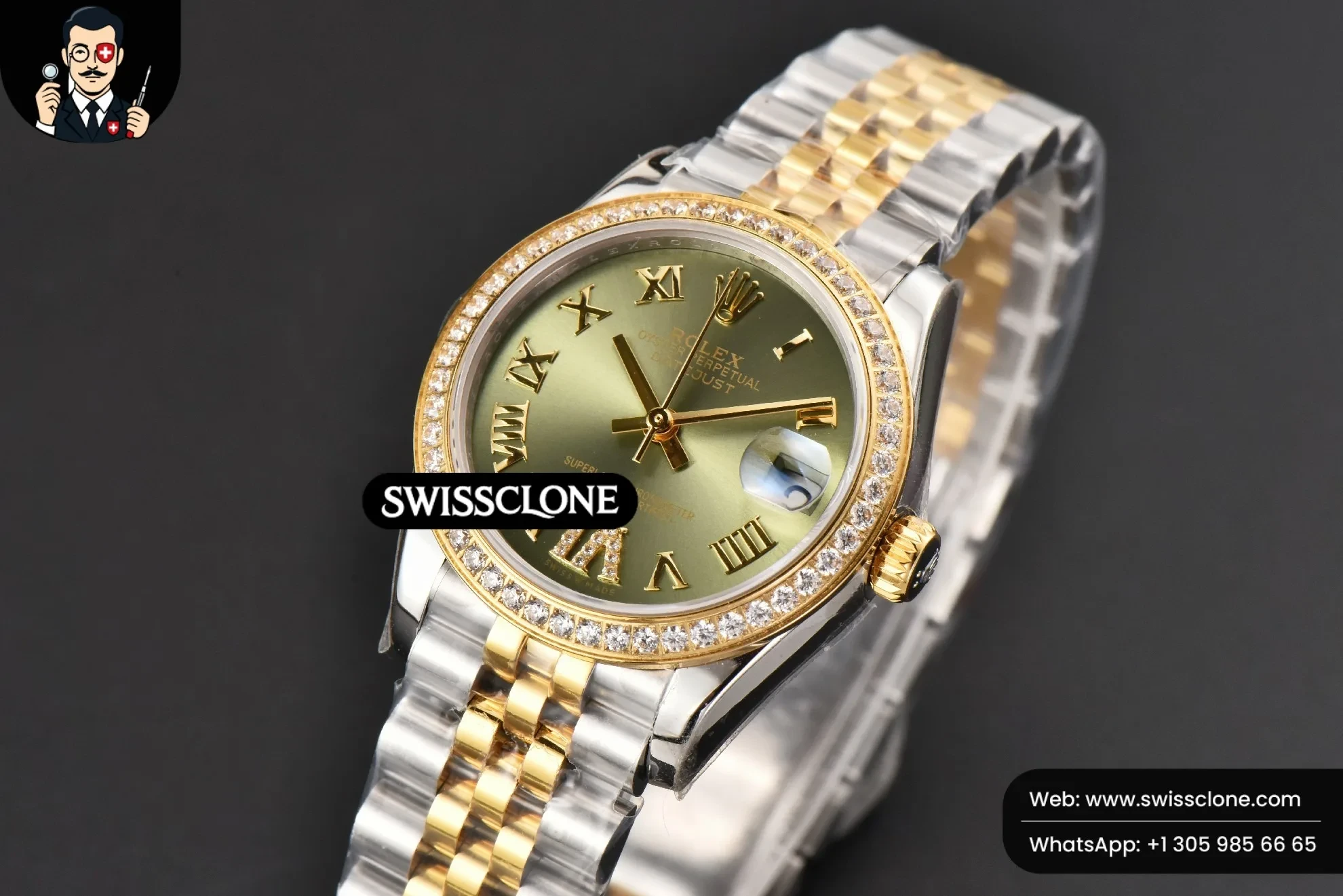 Rolex DateJust 31mm Ladies 904L YG/SS WF Diamond Green Dial Roma Marker Jubilee 1:1 Super Clone - Bezel & Case Profile
