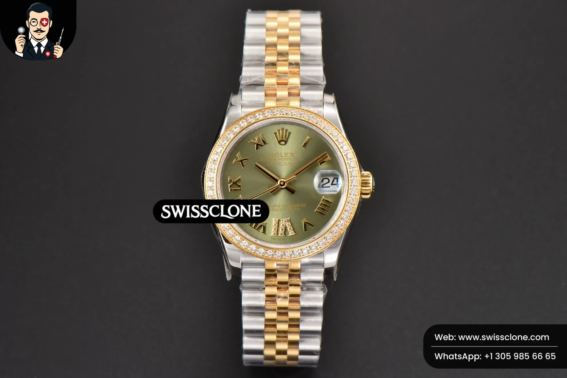 Rolex DateJust 31mm Ladies 904L YG/SS WF Diamond Green Dial Roma Marker Jubilee 1:1 Super Clone - Dial Macro Close-Up