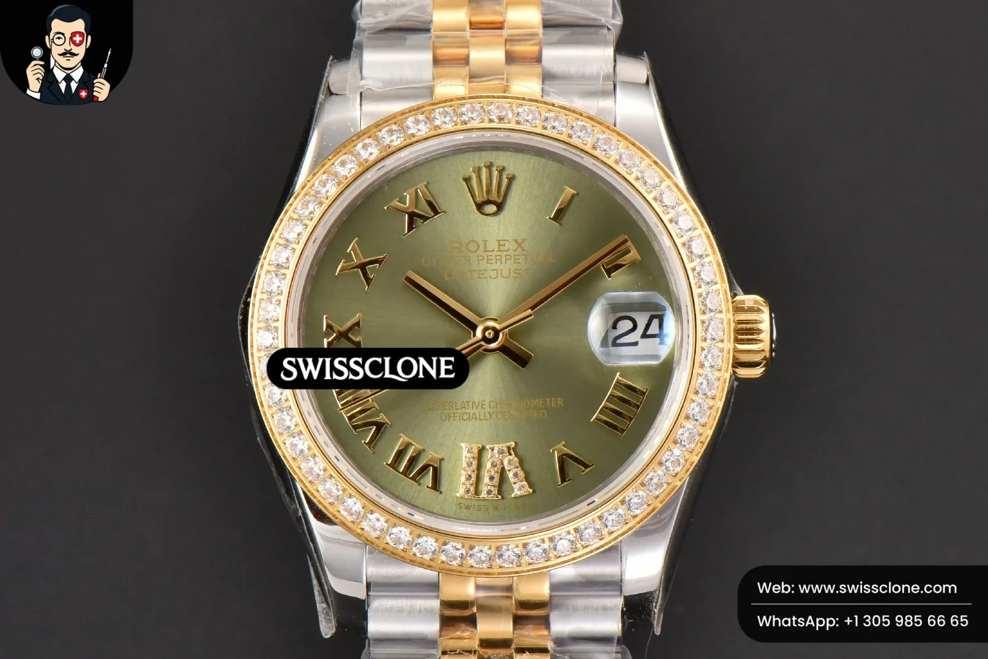 Rolex DateJust 31mm Ladies 904L YG/SS WF Diamond Green Dial Roma Marker Jubilee