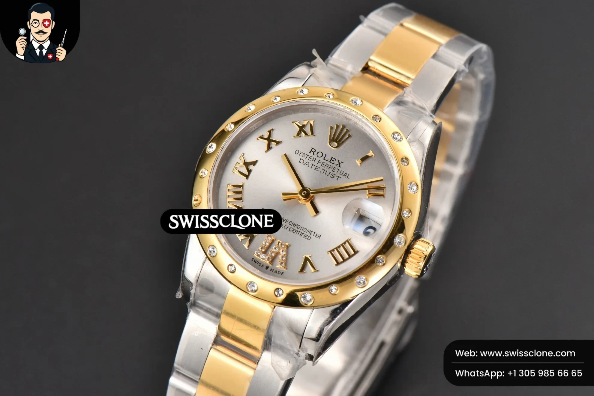 Rolex DateJust 31mm Ladies 904L YG/SS WF Diamond Smooth White Dial Roma Marker Oyster 1:1 Super Clone - Bezel & Case Profile