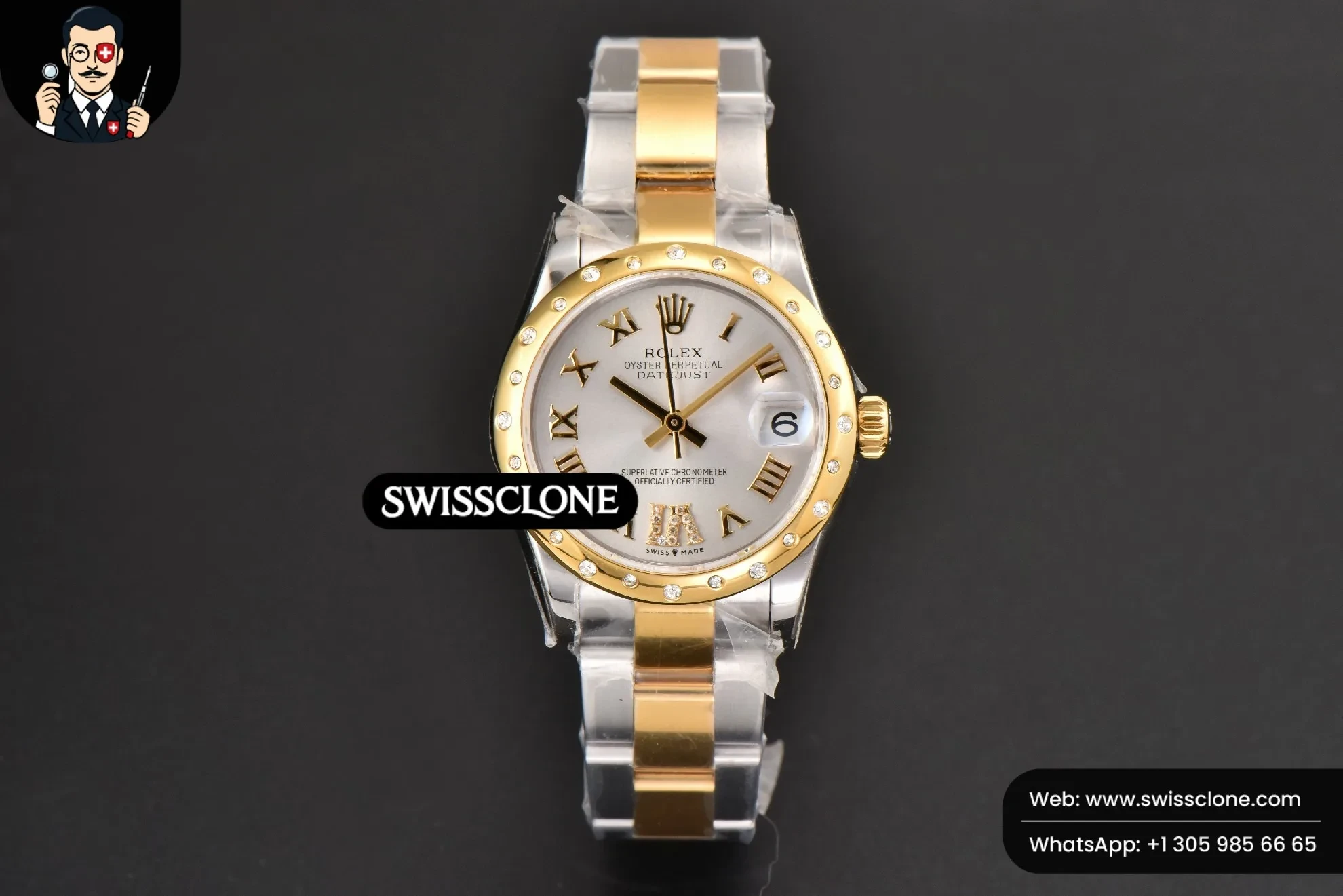 Rolex DateJust 31mm Ladies 904L YG/SS WF Diamond Smooth White Dial Roma Marker Oyster 1:1 Super Clone - Dial Macro Close-Up