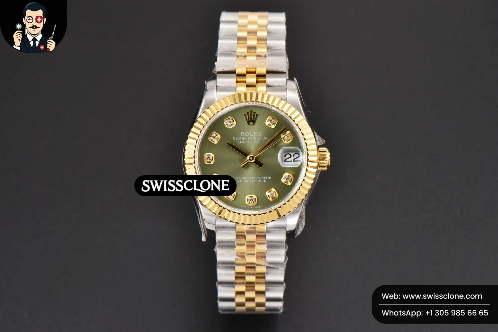 Rolex DateJust 31mm Ladies 904L YG/SS WF Green Dial Diamond Marker Jubilee 1:1 Super Clone - Dial Macro Close-Up
