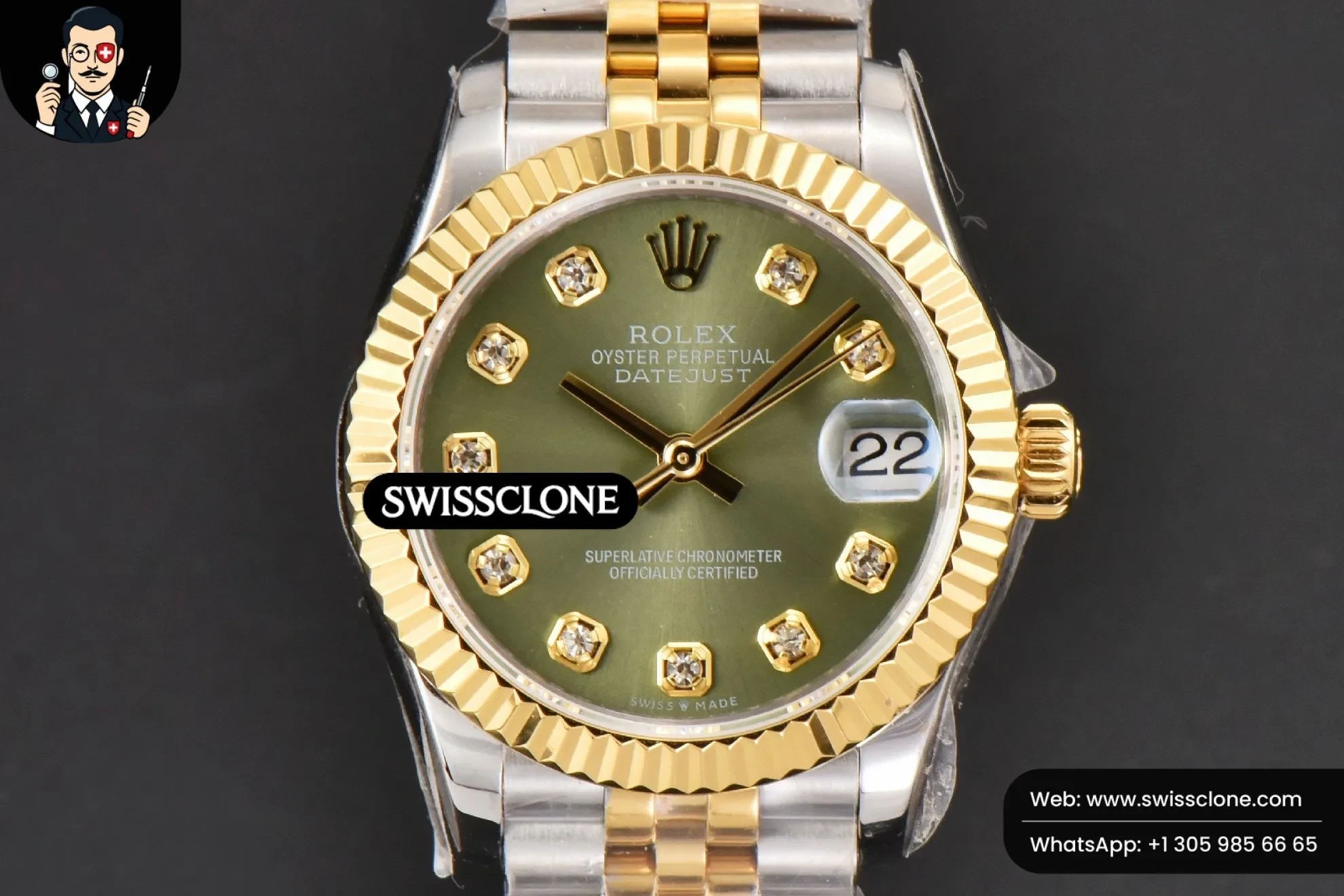 Rolex DateJust 31mm Ladies 904L YG/SS WF Green Dial Diamond Marker Jubilee