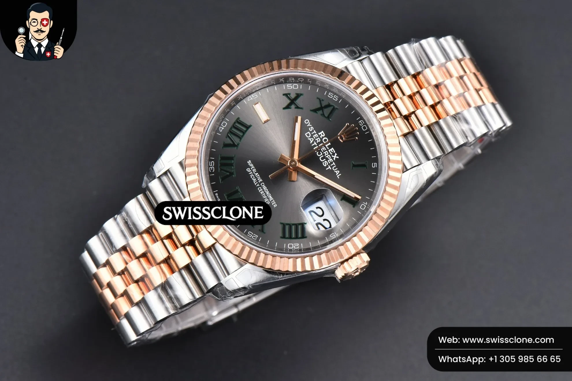 Rolex DateJust 36mm 126231 RG/SS Wimbleton Gray Dial Green Marker Jubilee VS3235 1:1 Super Clone - Bezel & Case Profile