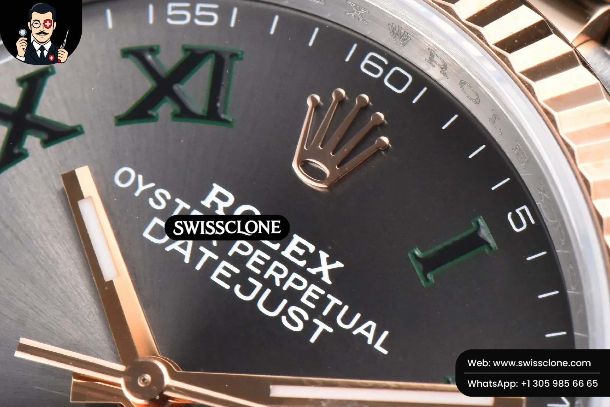 Rolex DateJust 36mm 126231 RG/SS Wimbleton Gray Dial Green Marker Jubilee VS3235 1:1 Super Clone - Caseback & Cloned Calibre Movement