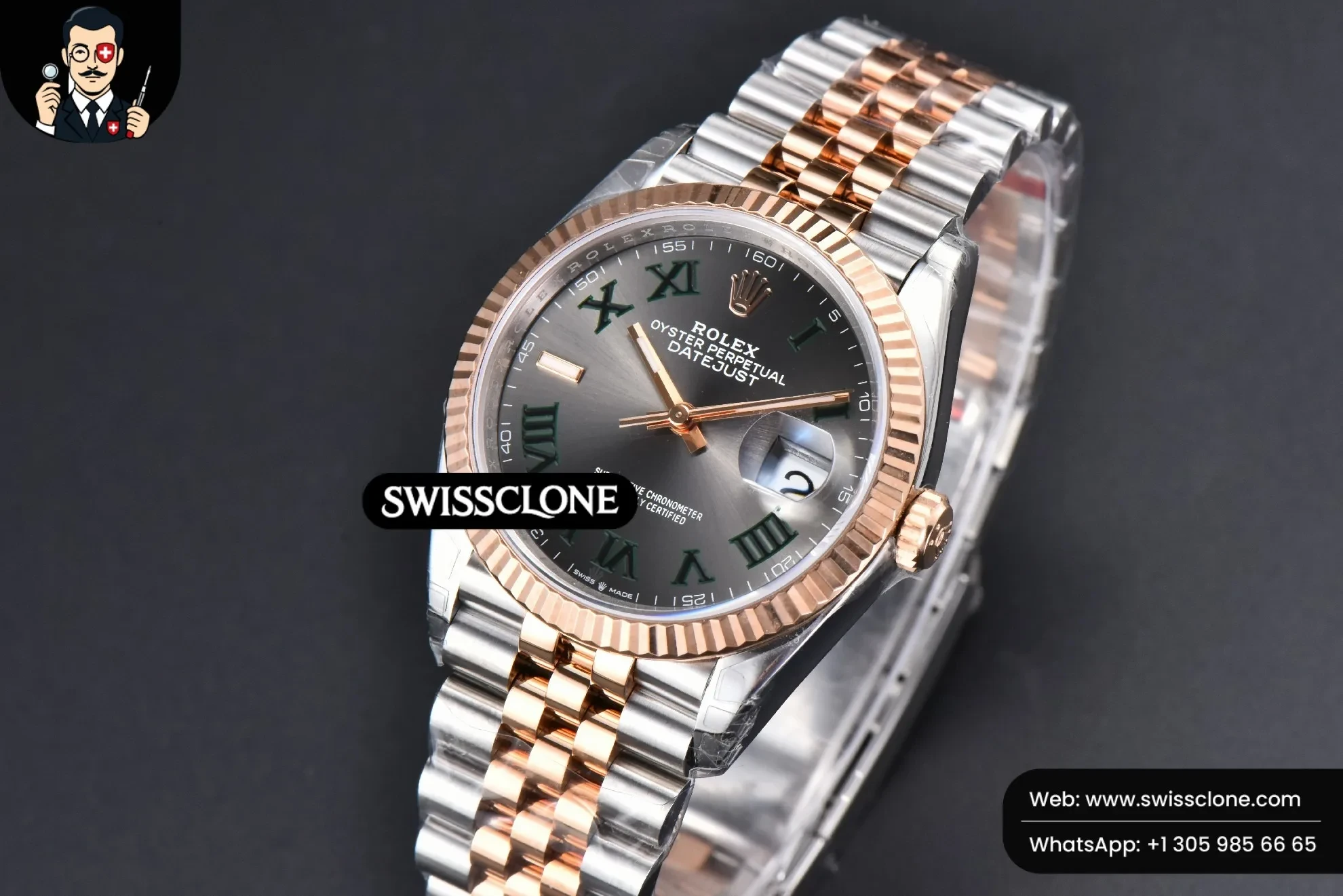 Rolex DateJust 36mm 126231 RG/SS Wimbleton Gray Dial Green Marker Jubilee VS3235 1:1 Super Clone - Clasp & Bracelet Finishing