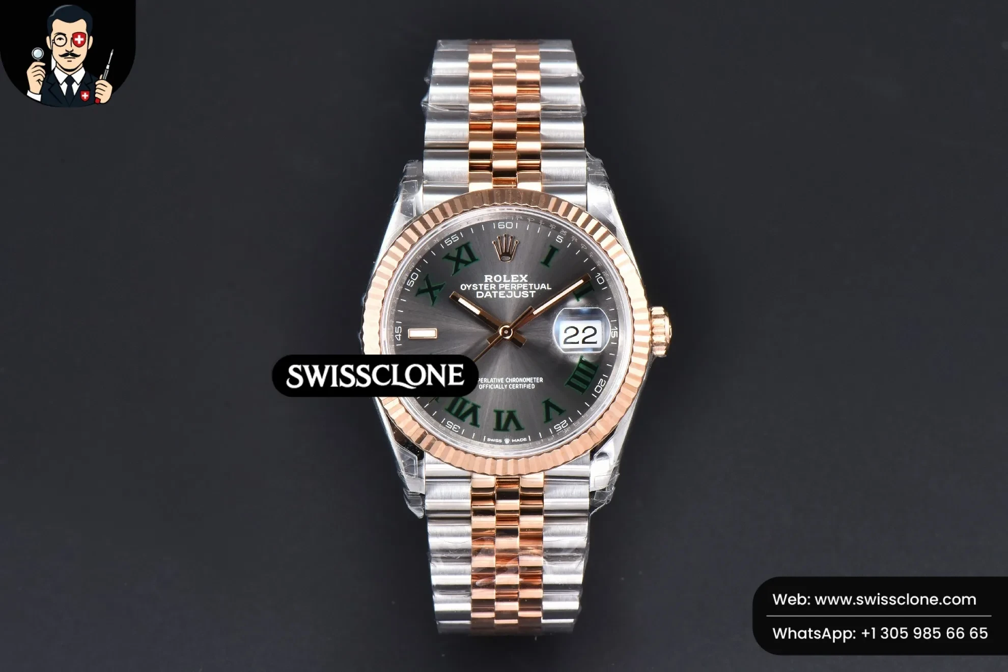 Rolex DateJust 36mm 126231 RG/SS Wimbleton Gray Dial Green Marker Jubilee VS3235 1:1 Super Clone - Dial Macro Close-Up