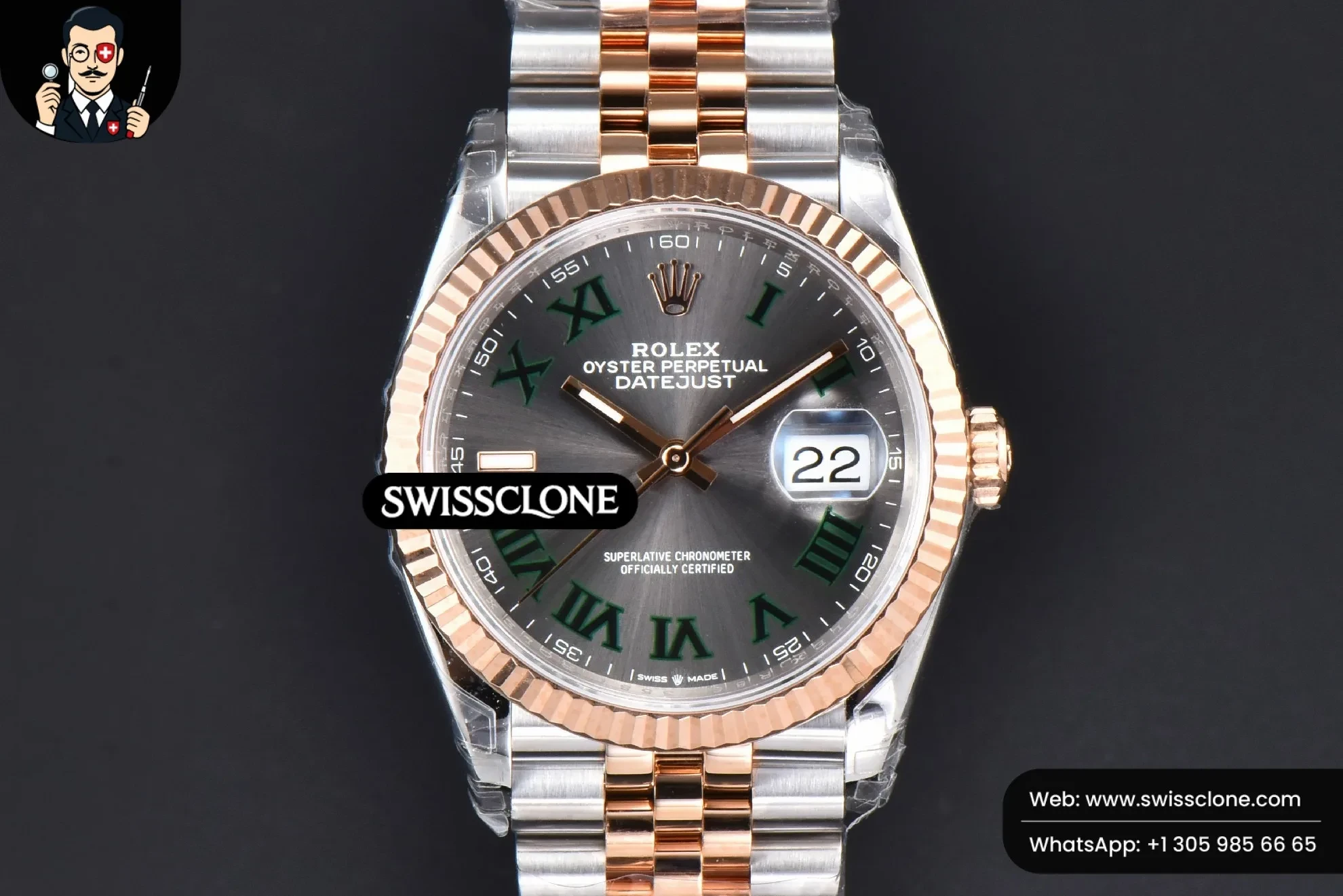 Rolex DateJust 36mm 126231 RG/SS Wimbleton Gray Dial Green Marker Jubilee VS3235