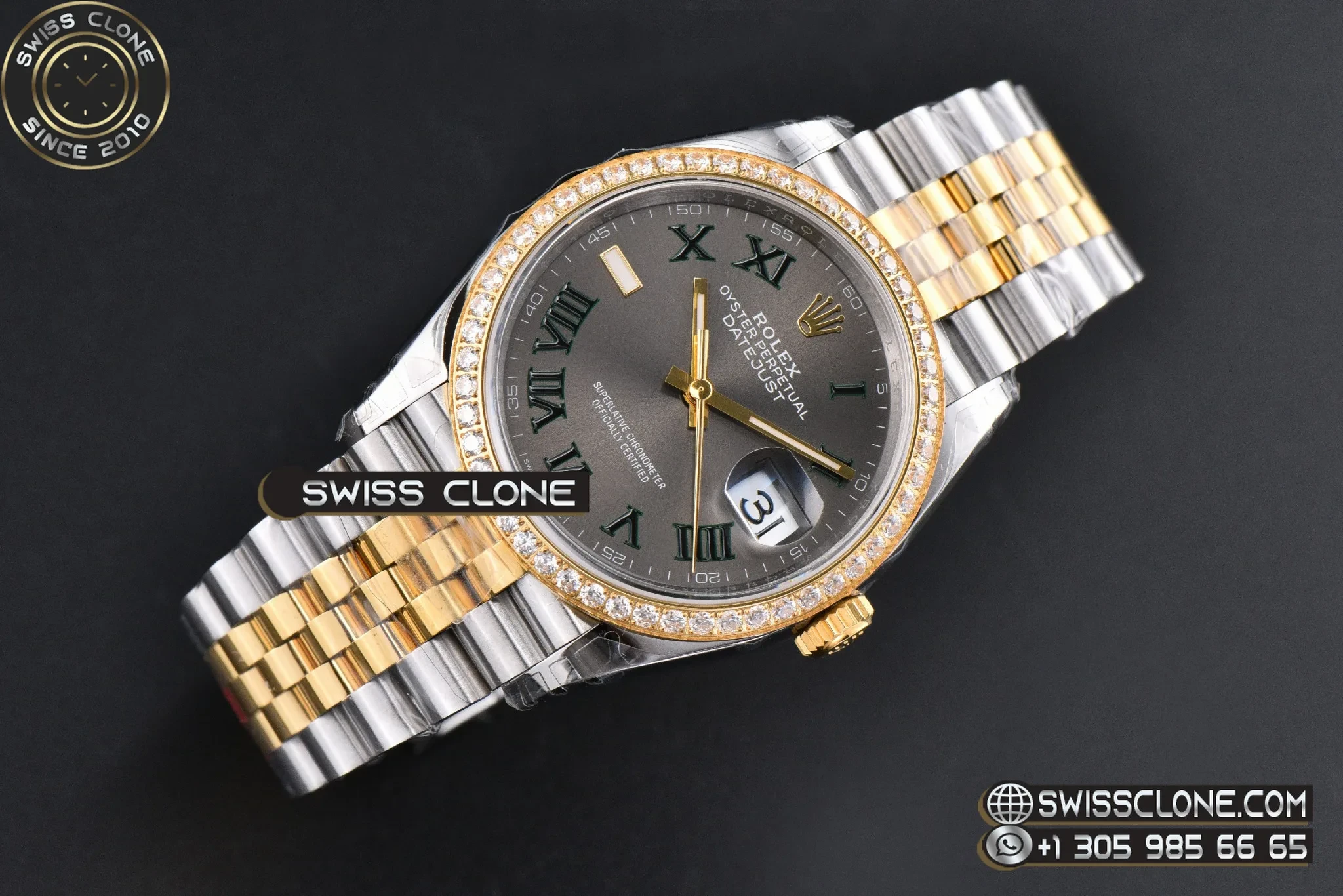 Rolex DateJust 36mm 126233 YG/SS Diamond Bezel Wimbleton Gray Dial Green Marker Jubilee VS3235 1:1 Super Clone - Dial Macro Close-Up