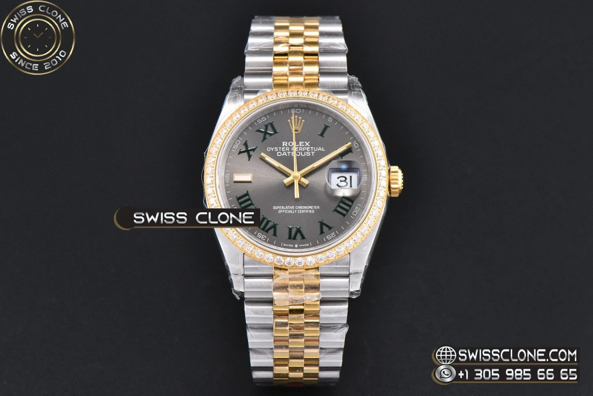 Rolex DateJust 36mm 126233 YG/SS Diamond Bezel Wimbleton Gray Dial Green Marker Jubilee VS3235