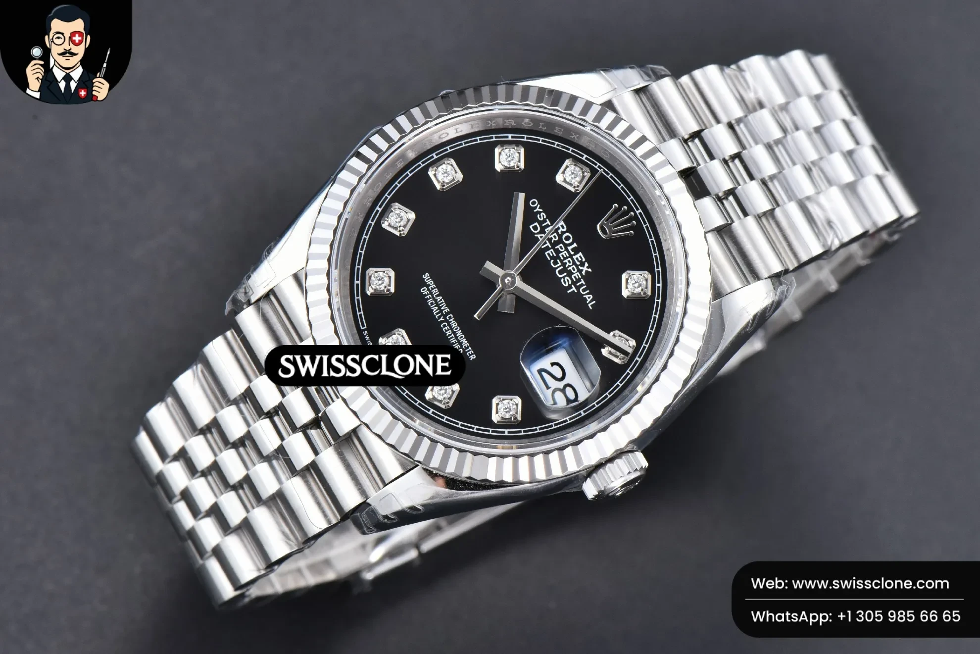 Rolex DateJust 36mm 126234 904L Black Dial Diamond Marker Jubilee VS3235 1:1 Super Clone - Bezel & Case Profile