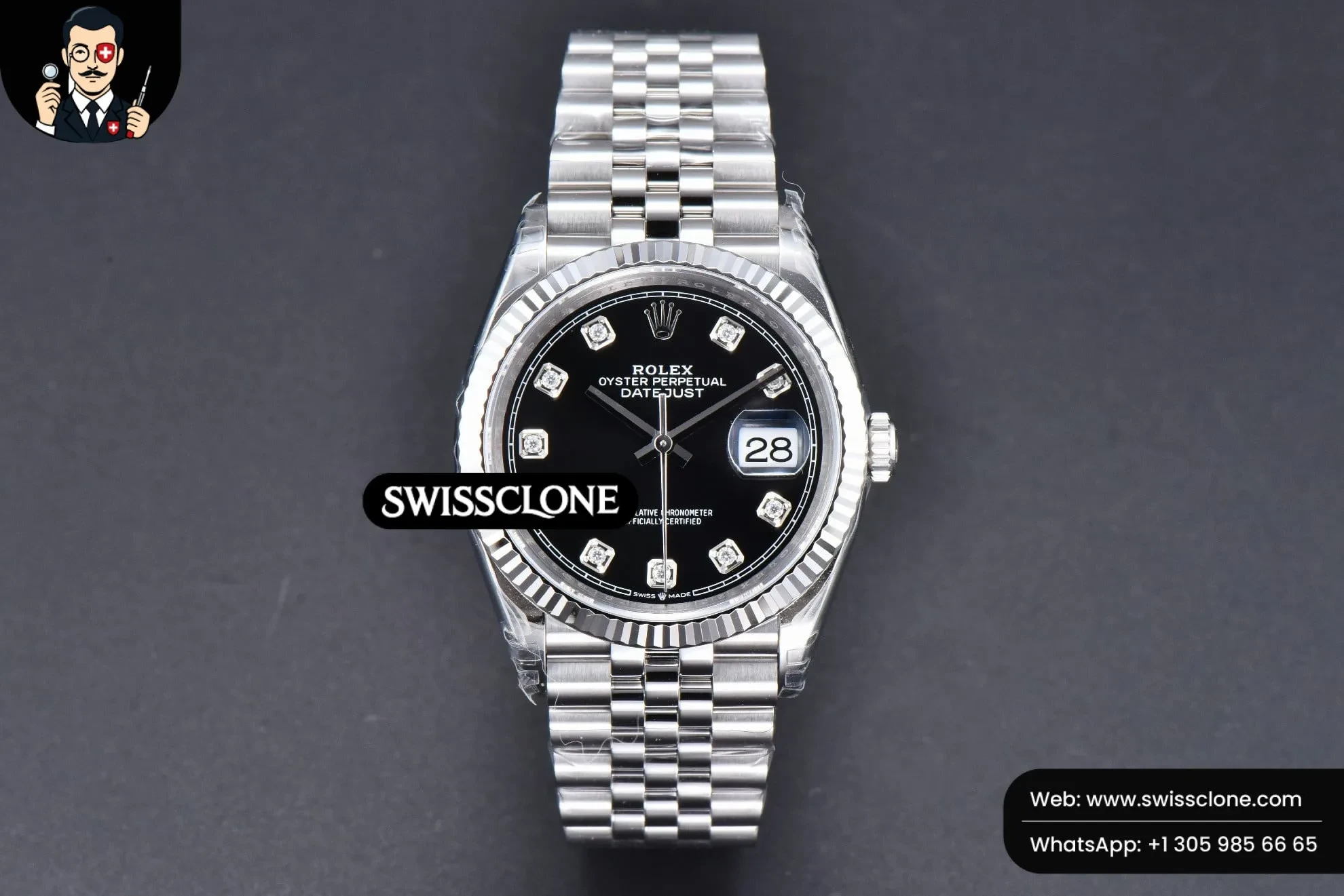 Rolex DateJust 36mm 126234 904L Black Dial Diamond Marker Jubilee VS3235 1:1 Super Clone - Dial Macro Close-Up