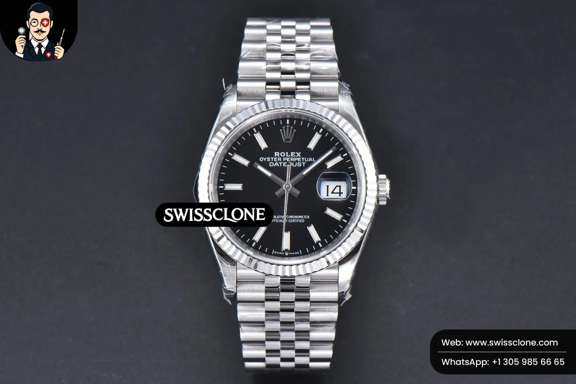 Rolex DateJust 36mm 126234 904L Black Dial Lume Marker Jubilee VS3235 1:1 Super Clone - Dial Macro Close-Up