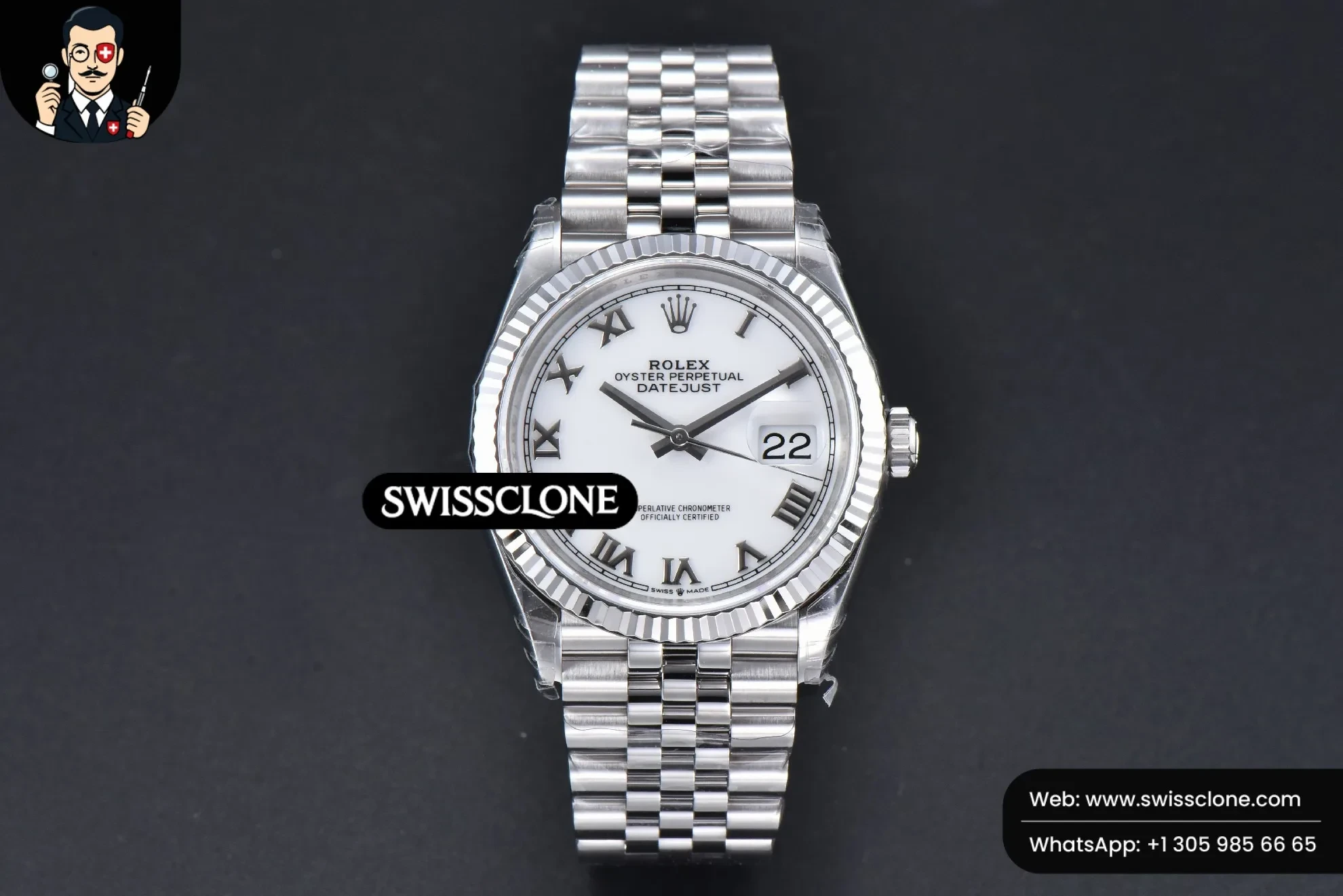 Rolex DateJust 36mm 126234 904L White Dial Roma Marker Jubilee VS3235 1:1 Super Clone - Dial Macro Close-Up