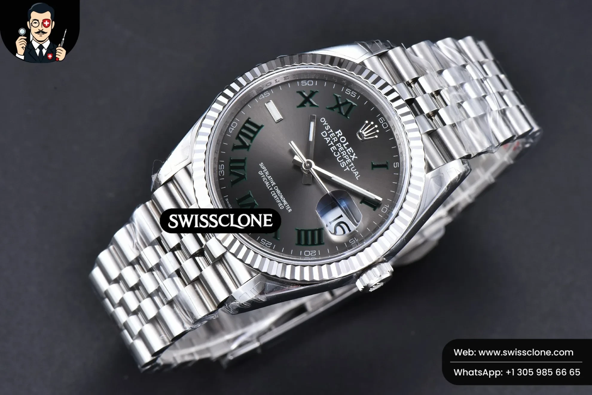 Rolex DateJust 36mm 126234 Wimbledon Gray Dial Green Marker Jubilee VS3235 1:1 Super Clone - Dial Macro Close-Up