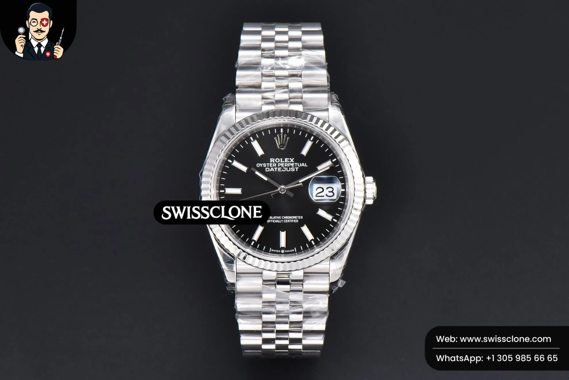 Rolex DateJust 36mm 904L Black Dial Lume Marker Jubilee VS3235 1:1 Super Clone - Dial Macro Close-Up