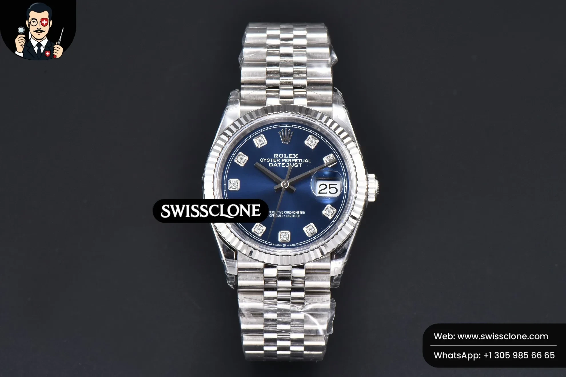 Rolex DateJust 36mm 904L Blue Dial Diamond Marker Jubilee VS3235 1:1 Super Clone - Dial Macro Close-Up