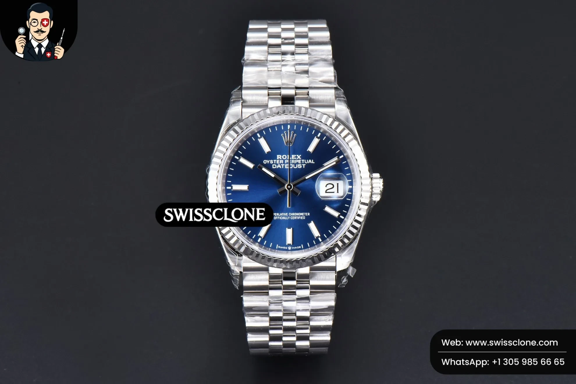 Rolex DateJust 36mm 904L Blue Dial Jubilee VS3235 1:1 Super Clone - Dial Macro Close-Up