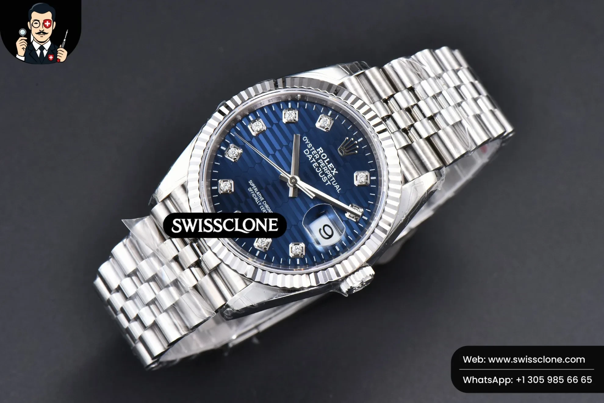 Rolex DateJust 36mm 904L Blue Motif Dial Diamond Marker Jubilee VS3235 1:1 Super Clone - Bezel & Case Profile