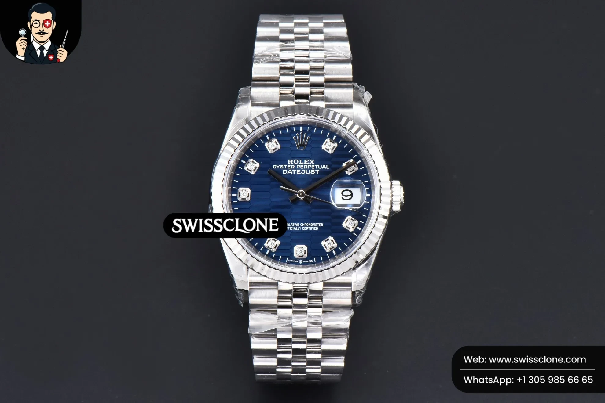 Rolex DateJust 36mm 904L Blue Motif Dial Diamond Marker Jubilee VS3235 1:1 Super Clone - Dial Macro Close-Up