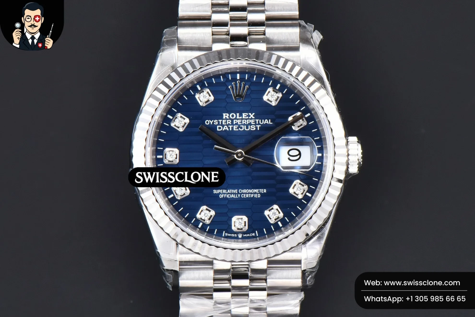 Rolex DateJust 36mm 904L Blue Motif Dial Diamond Marker Jubilee VS3235