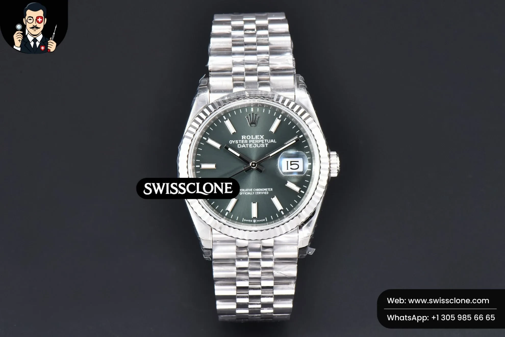 Rolex DateJust 36mm 904L Green Dial Jubilee VS3235 1:1 Super Clone - Dial Macro Close-Up