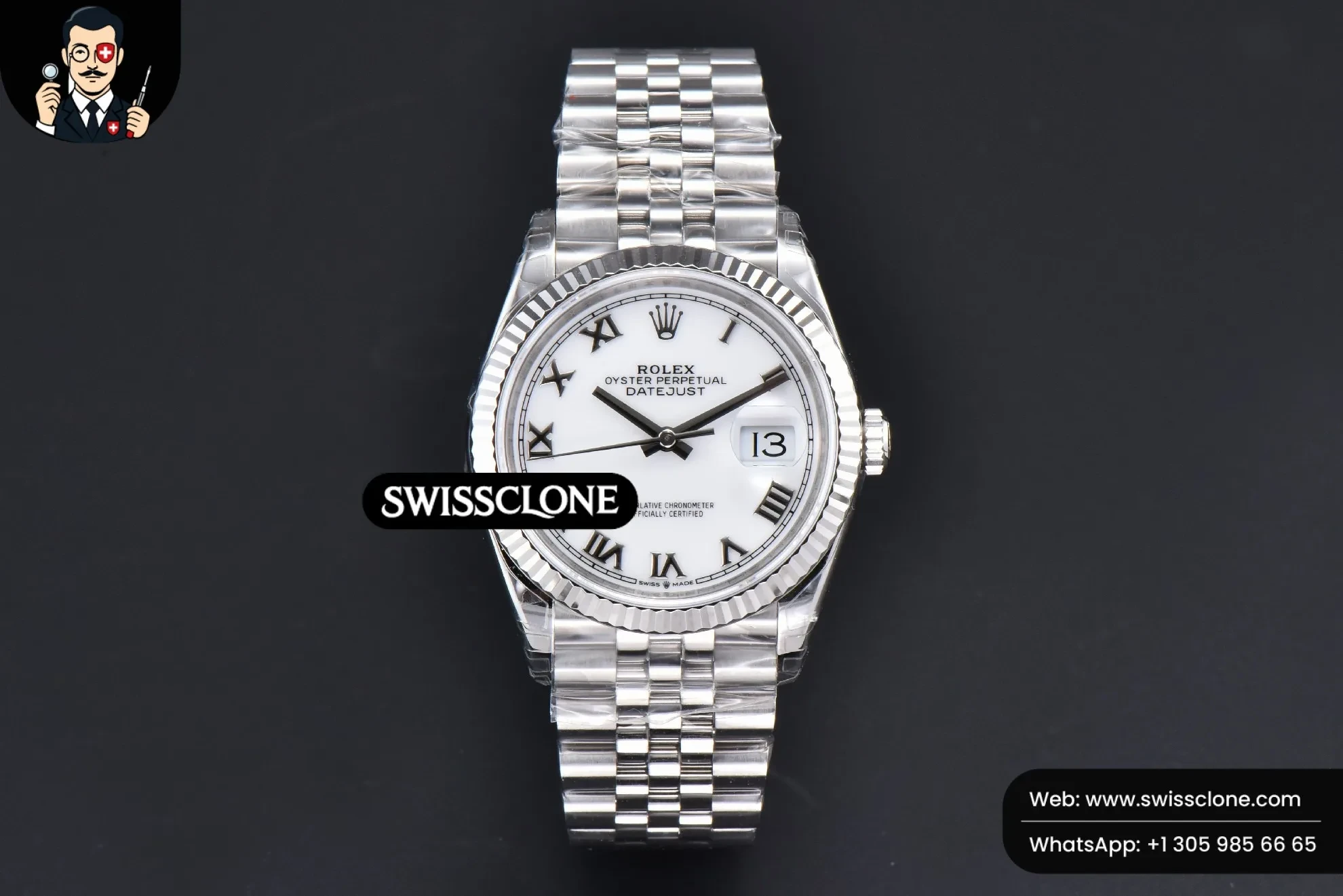Rolex DateJust 36mm 904L White Dial Roma Marker Jubilee VS3235 1:1 Super Clone - Dial Macro Close-Up