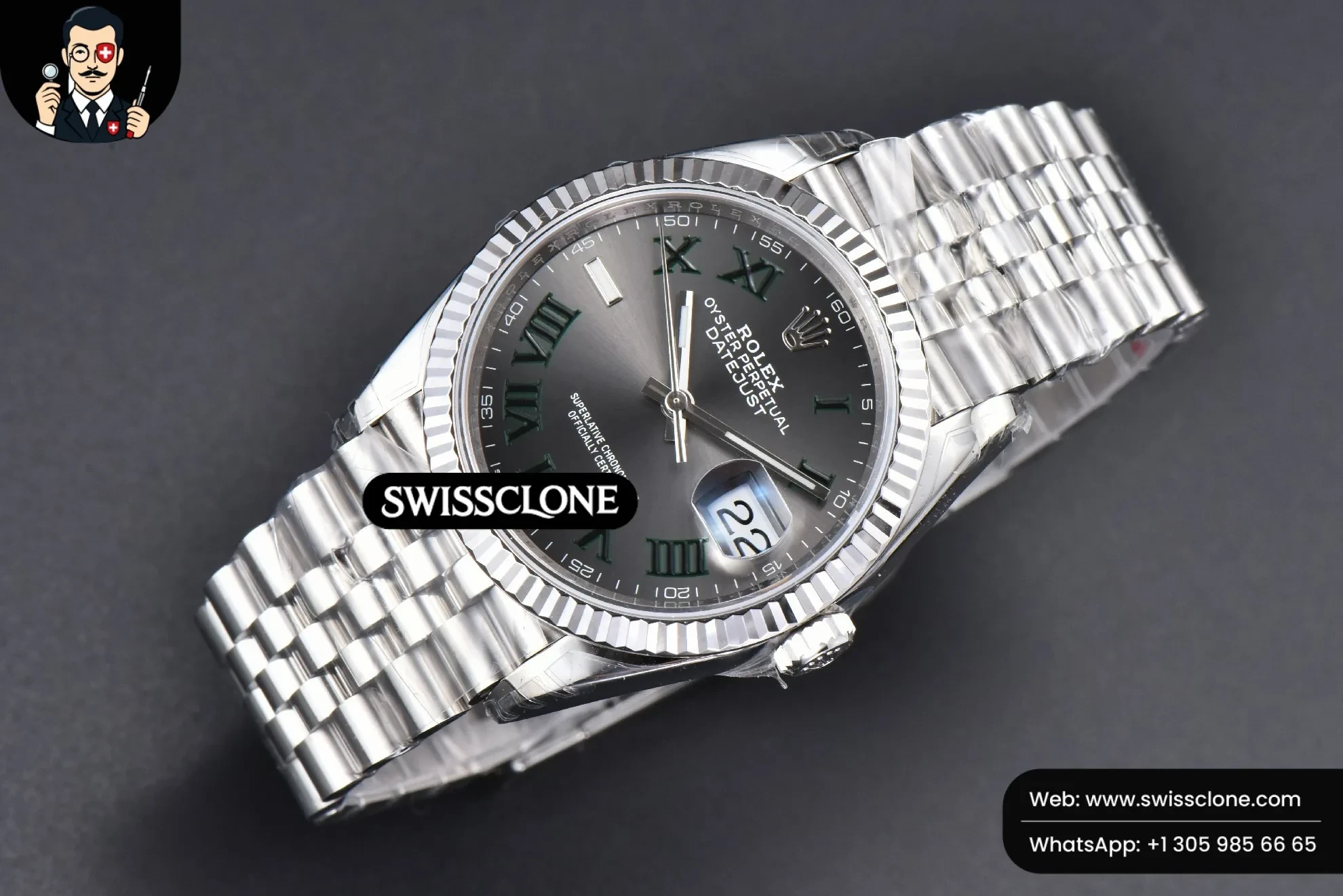Rolex DateJust 36mm 904L Wimbeldon Gray Dial Green Marker Jubilee VS3235 1:1 Super Clone - Bezel & Case Profile