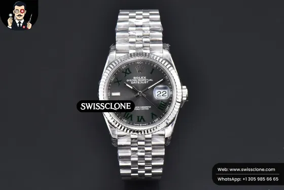 Rolex DateJust 36mm 904L Wimbeldon Gray Dial Green Marker Jubilee VS3235 1:1 Super Clone - Dial Macro Close-Up