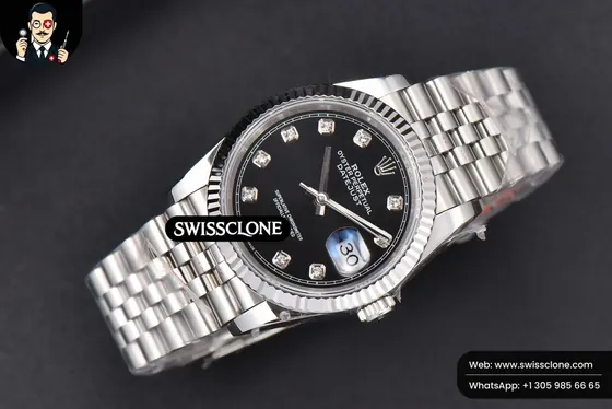 Rolex DateJust 36mm Black Dial Diamond Marker Jubilee VR3235 1:1 Super Clone - Dial Macro Close-Up