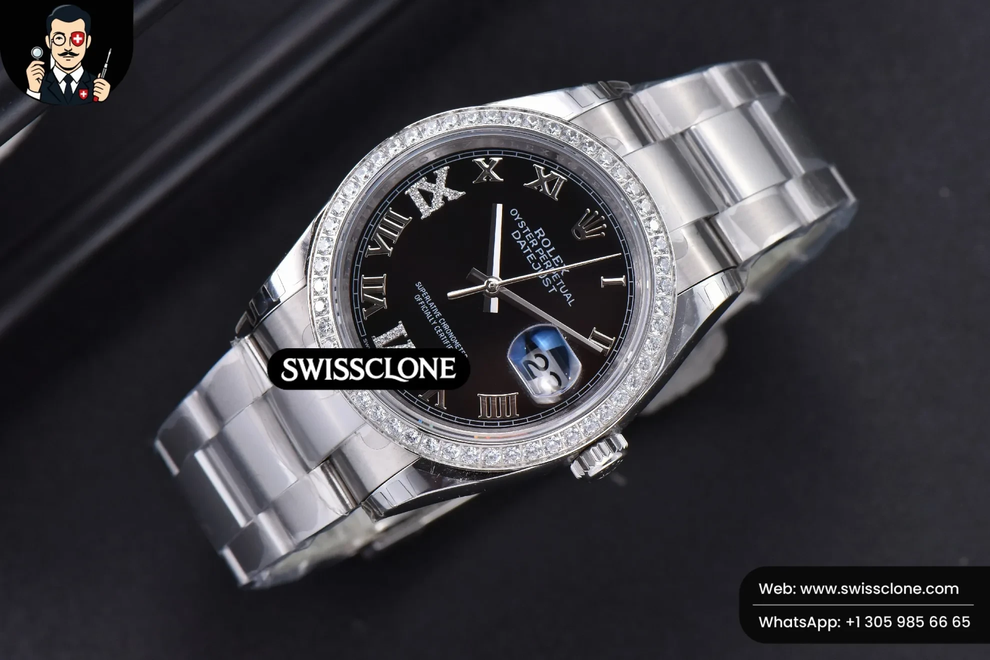 Rolex DateJust 36mm Black Dial Diamond Roma Marker Diamond Bezel Oyster 1:1 Super Clone - Bezel & Case Profile