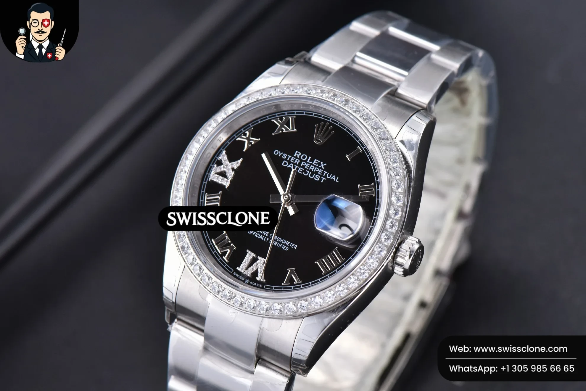 Rolex DateJust 36mm Black Dial Diamond Roma Marker Diamond Bezel Oyster 1:1 Super Clone - Clasp & Bracelet Finishing