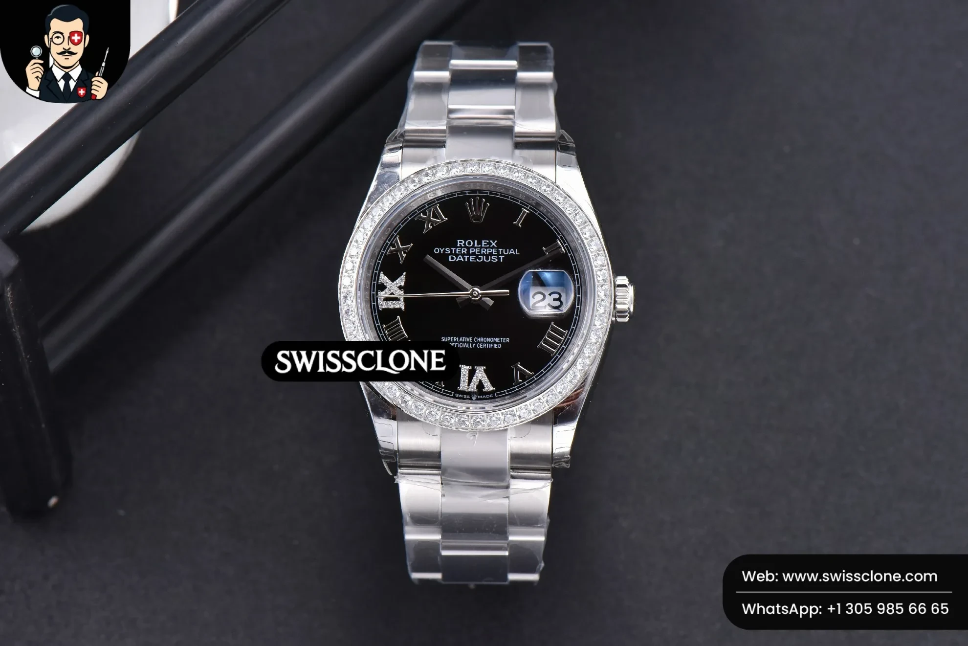 Rolex DateJust 36mm Black Dial Diamond Roma Marker Diamond Bezel Oyster 1:1 Super Clone - Dial Macro Close-Up