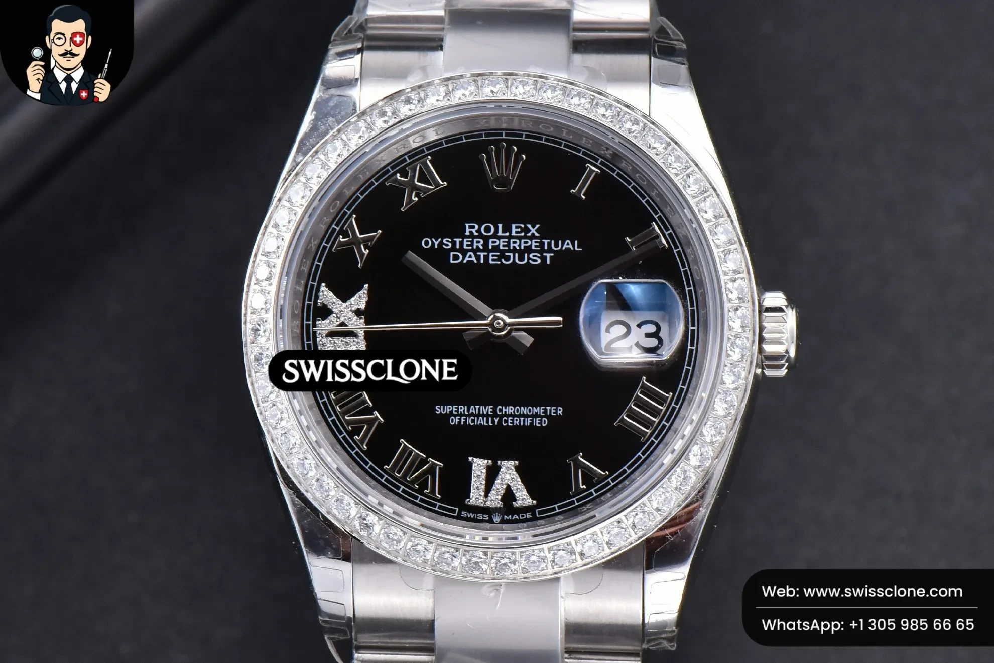Rolex DateJust 36mm Black Dial Diamond Roma Marker Diamond Bezel Oyster