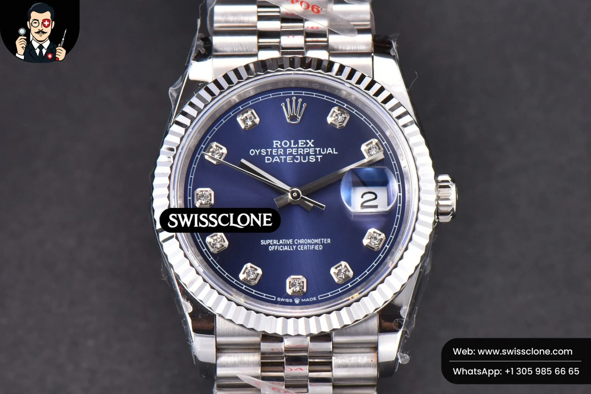 Rolex DateJust 36mm Blue Dial Diamond Marker Jubilee VR3235 1:1 Super Clone - Dial Macro Close-Up