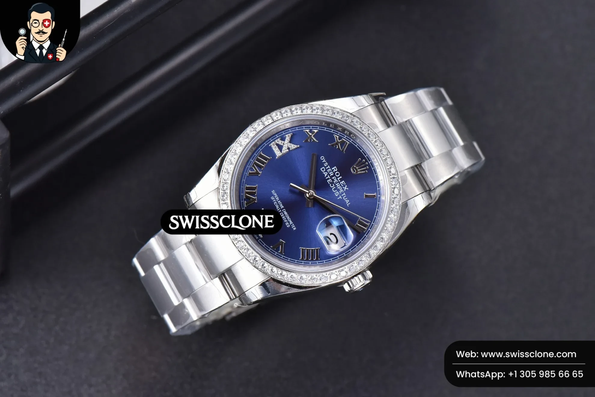 Rolex DateJust 36mm Blue Dial Diamond Roma Marker Diamond Bezel Oyster 1:1 Super Clone - Bezel & Case Profile