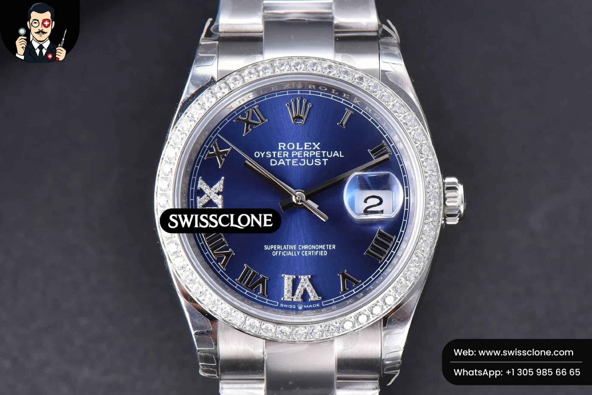 Rolex DateJust 36mm Blue Dial Diamond Roma Marker Diamond Bezel Oyster
