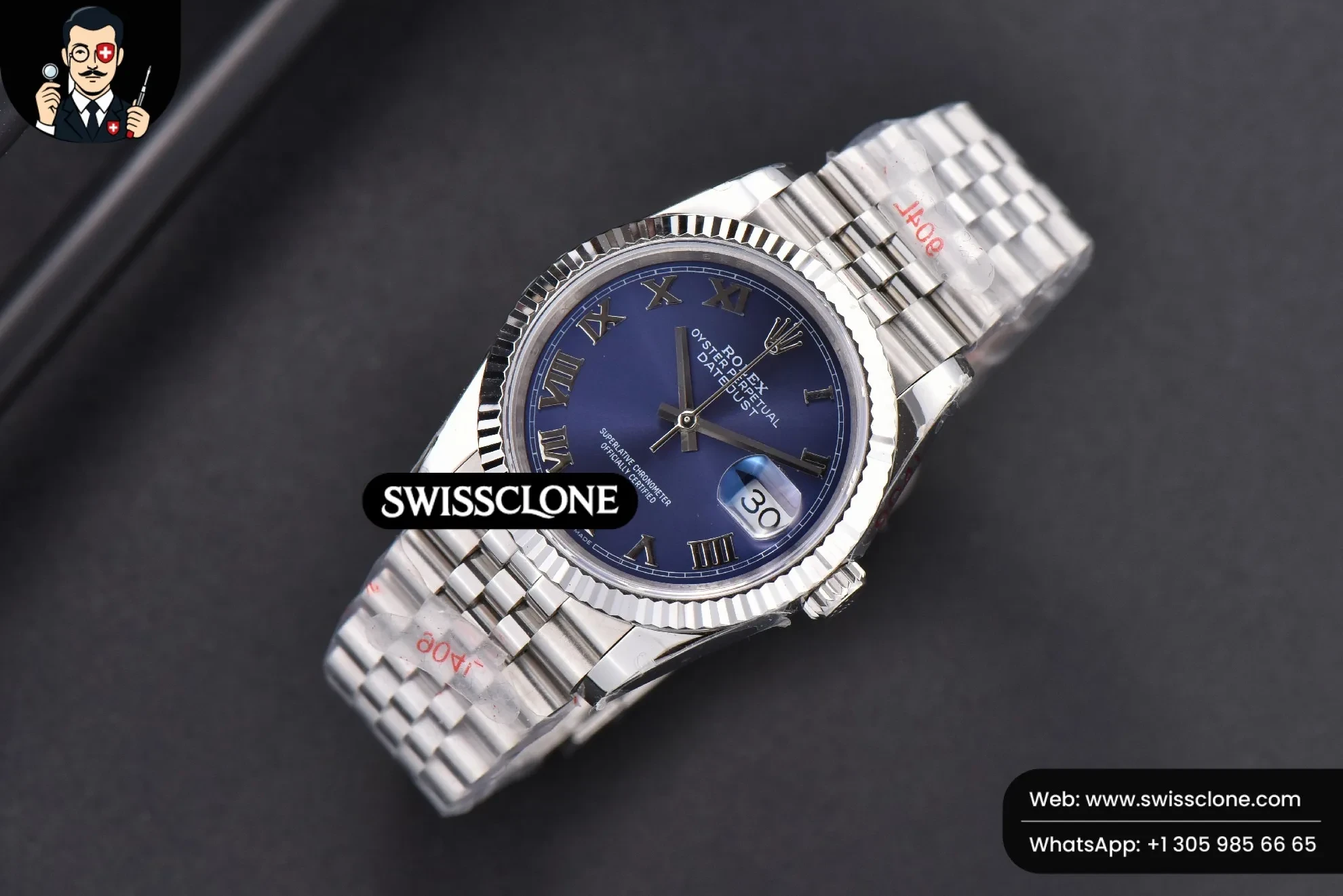 Rolex DateJust 36mm Blue Dial Roma Marker Jubilee VR3235 1:1 Super Clone - Dial Macro Close-Up