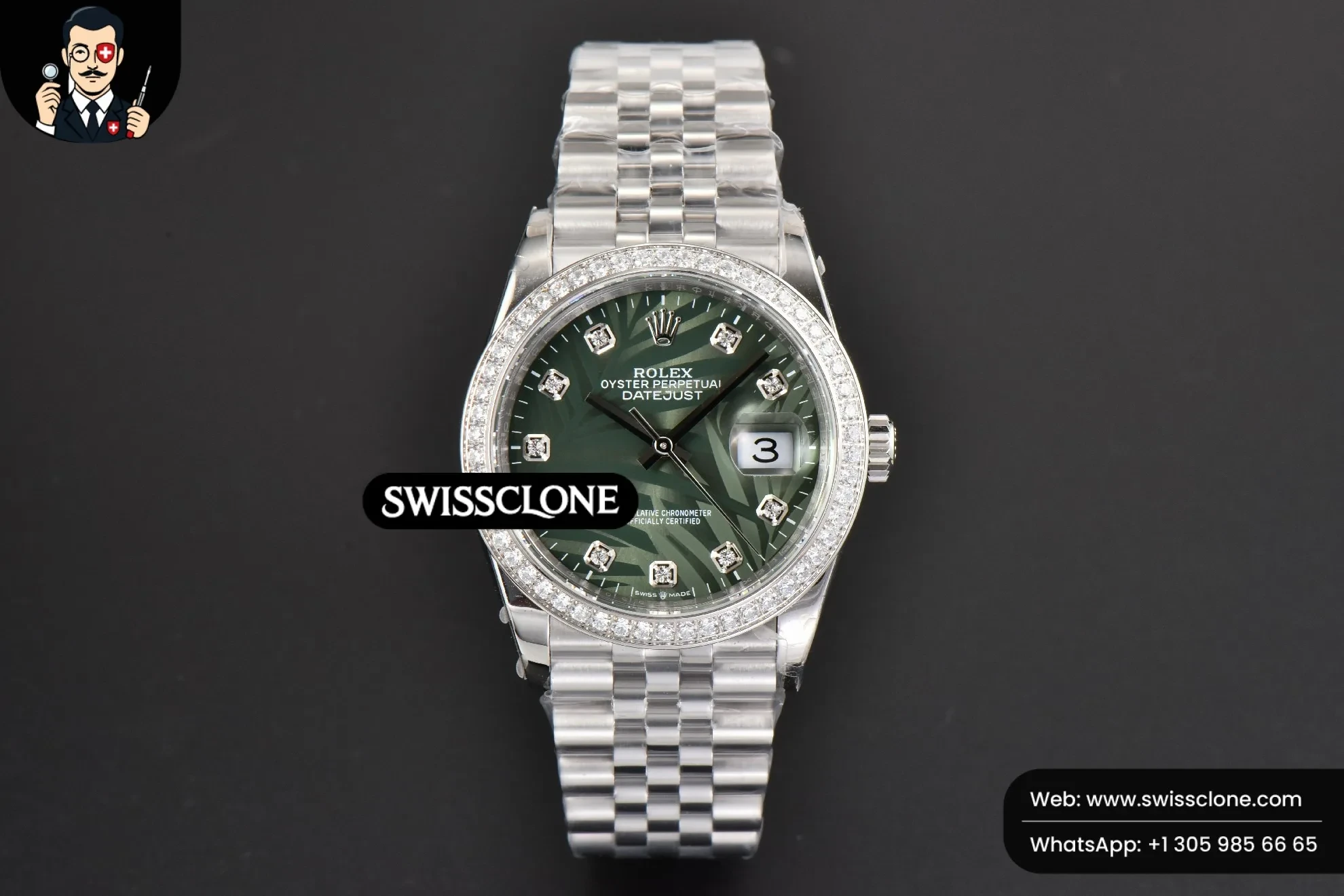 Rolex DateJust 36mm Diamond Green Plam Dial Diamond Marker Jubilee 2824 1:1 Super Clone - Dial Macro Close-Up