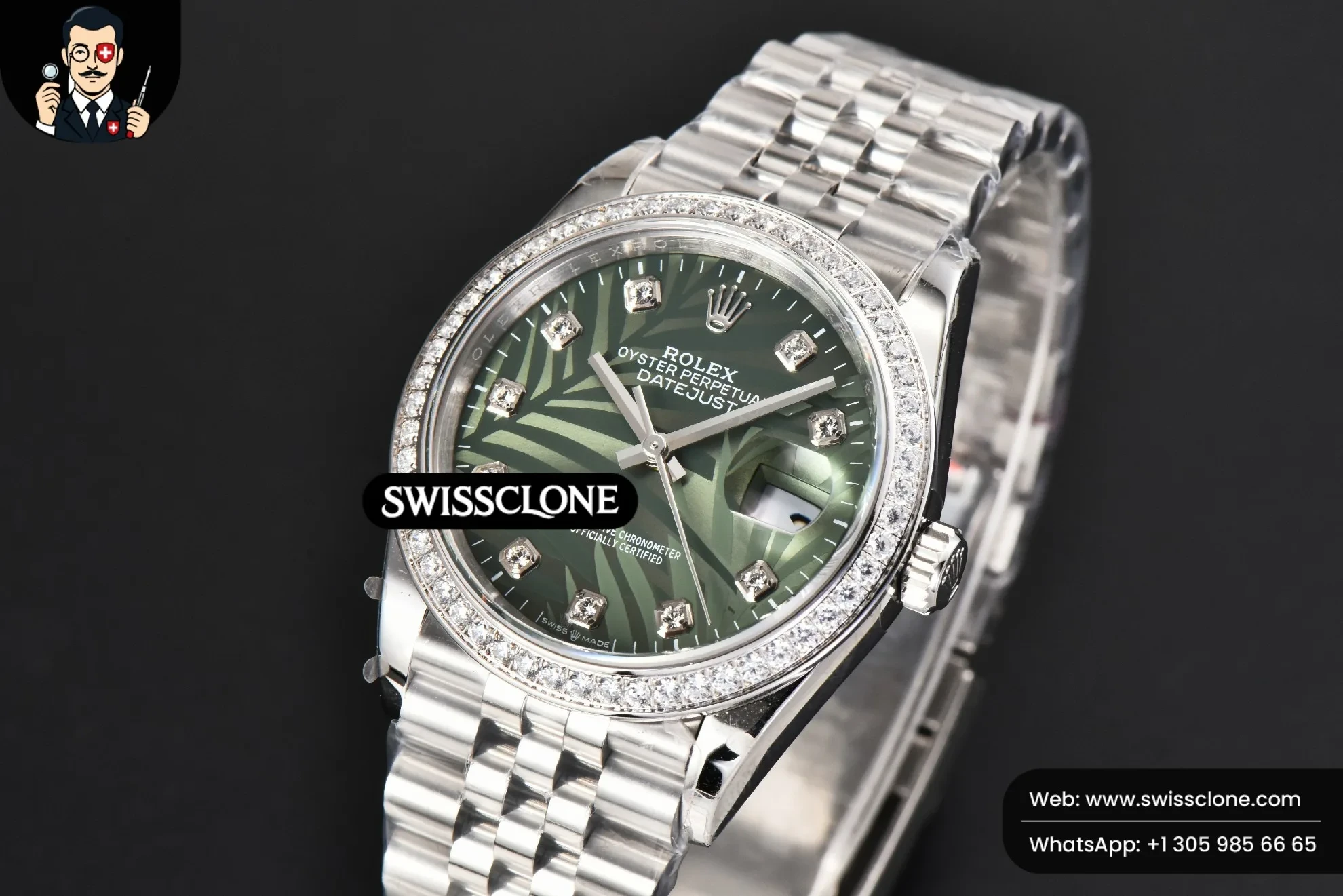 Rolex DateJust 36mm Diamond Green Plam Dial Diamond Marker Jubilee 3235 1:1 Super Clone - Bezel & Case Profile