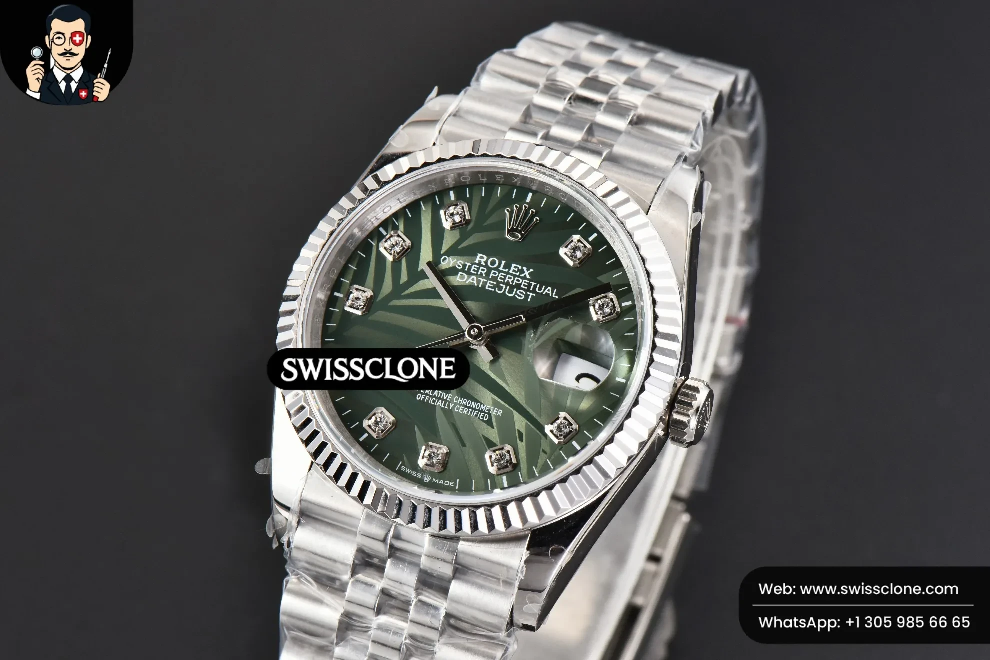 Rolex DateJust 36mm Fluted Green Plam Dial Diamond Marker Jubilee 2824 1:1 Super Clone - Bezel & Case Profile
