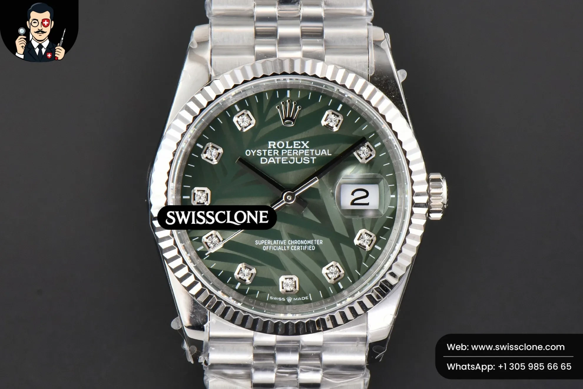 Rolex DateJust 36mm Fluted Green Plam Dial Diamond Marker Jubilee 3235