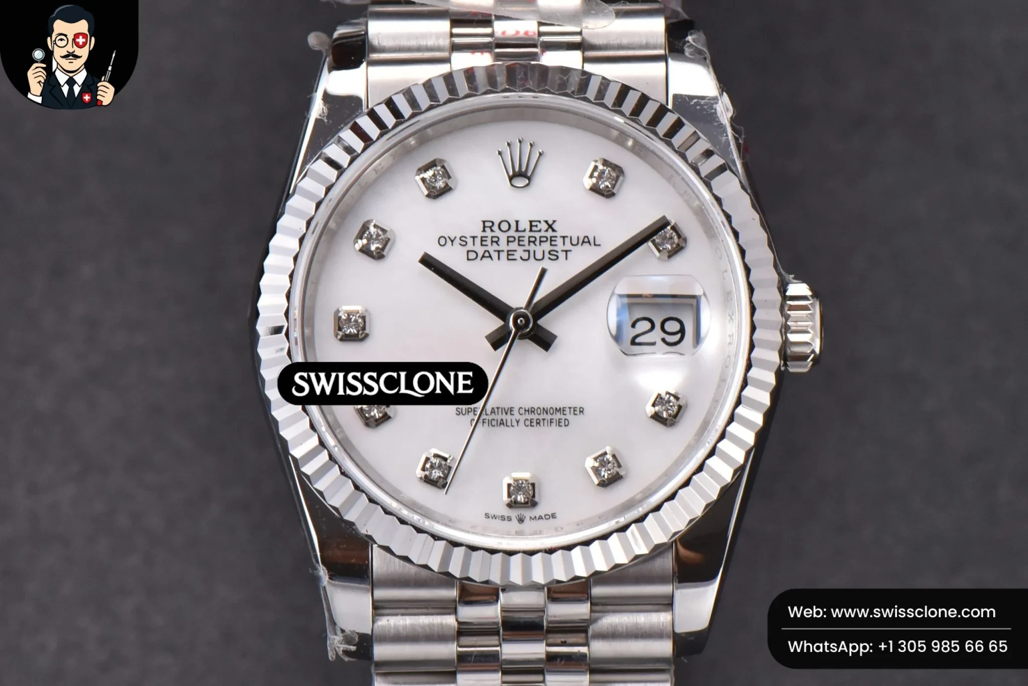 Rolex DateJust 36mm MOP Dial Diamond Marker Jubilee VR3235 1:1 Super Clone - Dial Macro Close-Up