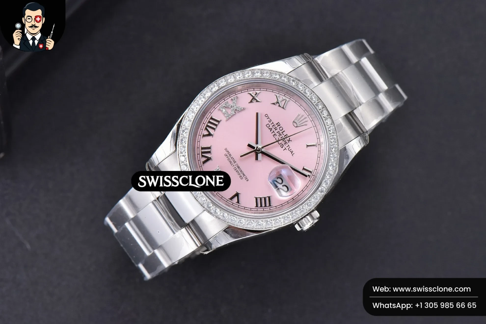 Rolex DateJust 36mm Pink Dial Diamond Roma Marker Diamond Bezel Oyster 1:1 Super Clone - Bezel & Case Profile