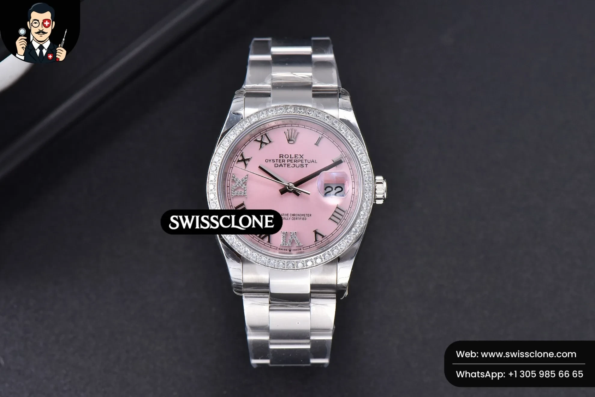 Rolex DateJust 36mm Pink Dial Diamond Roma Marker Diamond Bezel Oyster 1:1 Super Clone - Dial Macro Close-Up