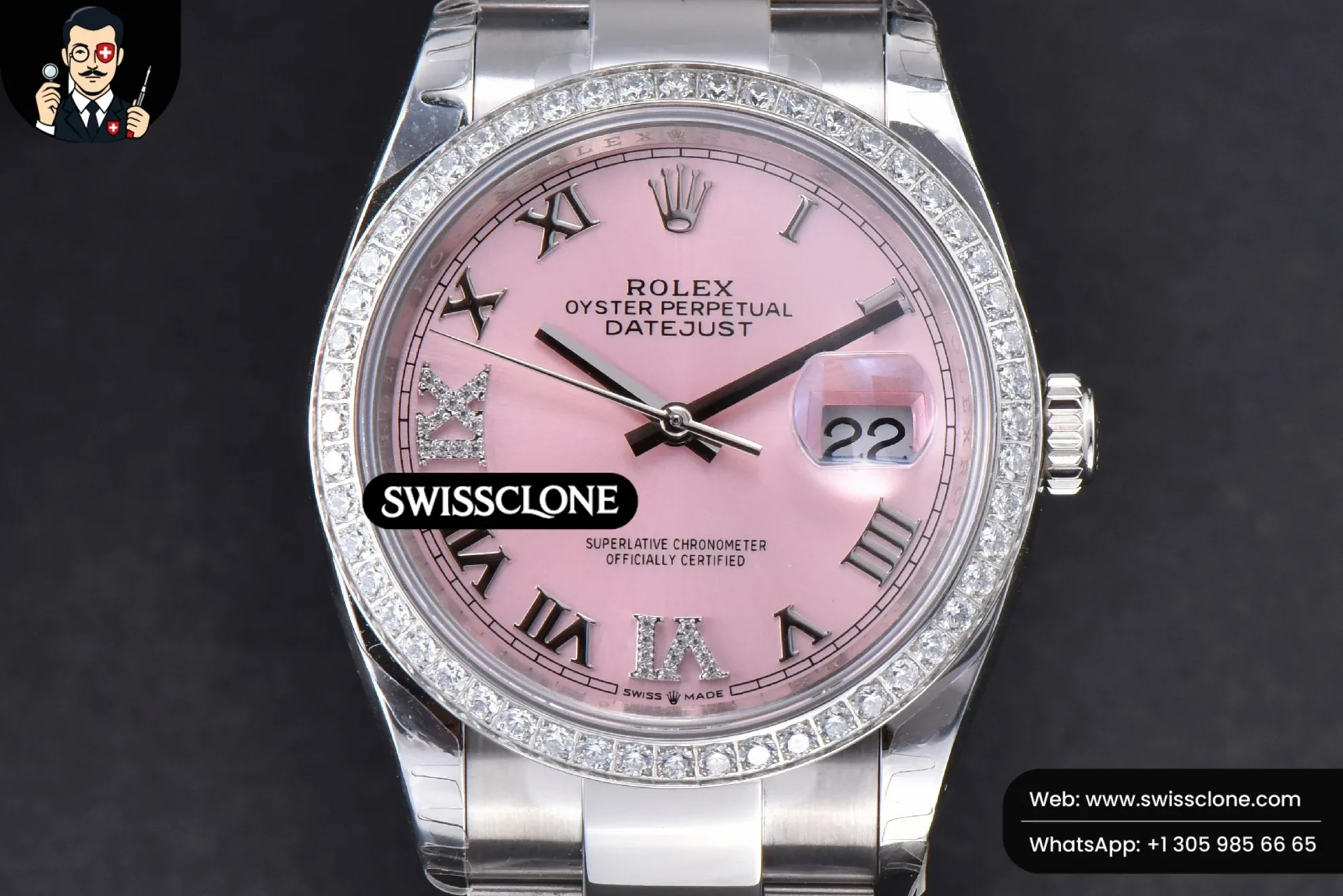 Rolex DateJust 36mm Pink Dial Diamond Roma Marker Diamond Bezel Oyster